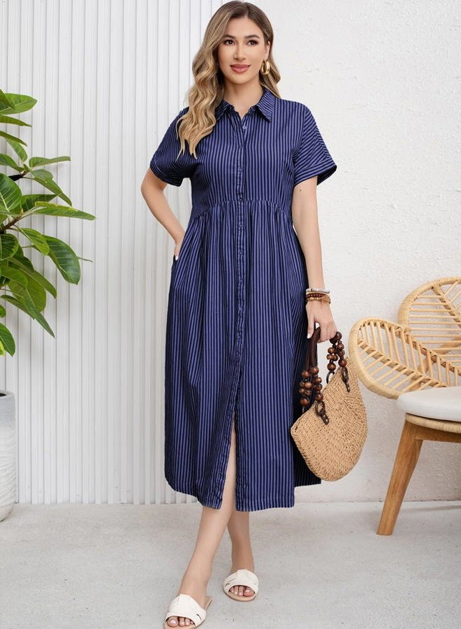 ebossy Women's Boho Striped Shirt Dress Button Up Side Slit Loose Mid Long Cotton Dress with Pockets, Dark Blue, S - Image 5