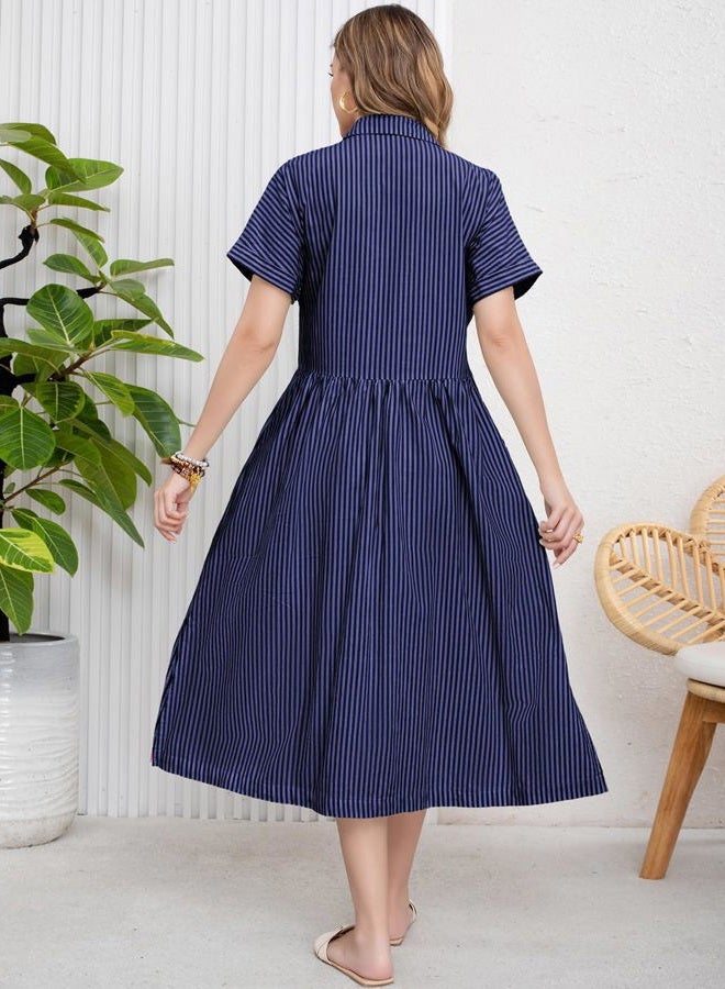 ebossy Women's Boho Striped Shirt Dress Button Up Side Slit Loose Mid Long Cotton Dress with Pockets, Dark Blue, S - Image 4