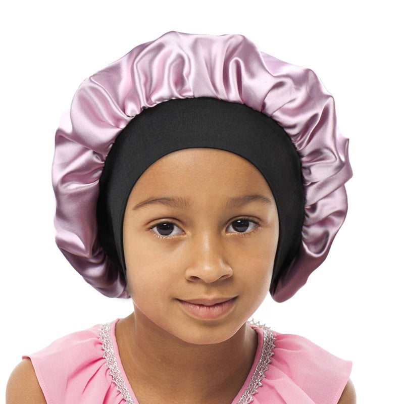 SENGTERM Kids Satin Bonnet Double Layer Wide Elastic Band Sleep Cap Hair Bonnet Silky Night Cap for Girls Toddler Child, Kids Pink, Small-Medium - Image 1