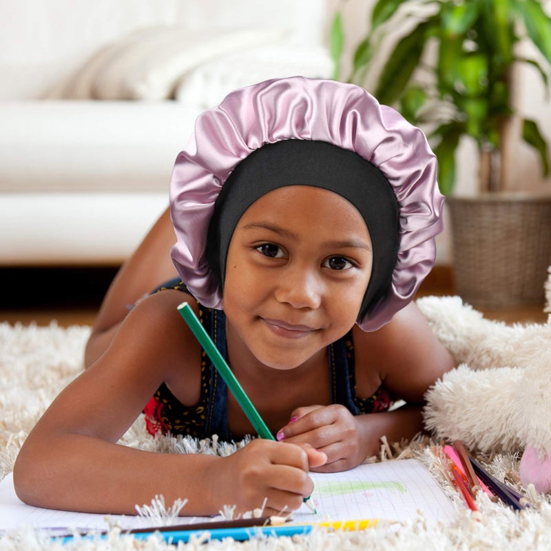 SENGTERM Kids Satin Bonnet Double Layer Wide Elastic Band Sleep Cap Hair Bonnet Silky Night Cap for Girls Toddler Child, Kids Pink, Small-Medium - Image 5