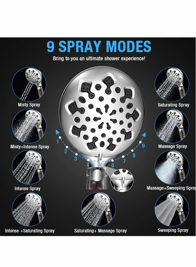 Shower Head with Filter, High Pressure Showerhead with 9 Adjustable Spray Modes Handheld, Universal Water Saving Filter, Spray Showerheads for Dry Skin Hair, Power Wash Mode to Clean Tub, Tile, Pets  - Image 4