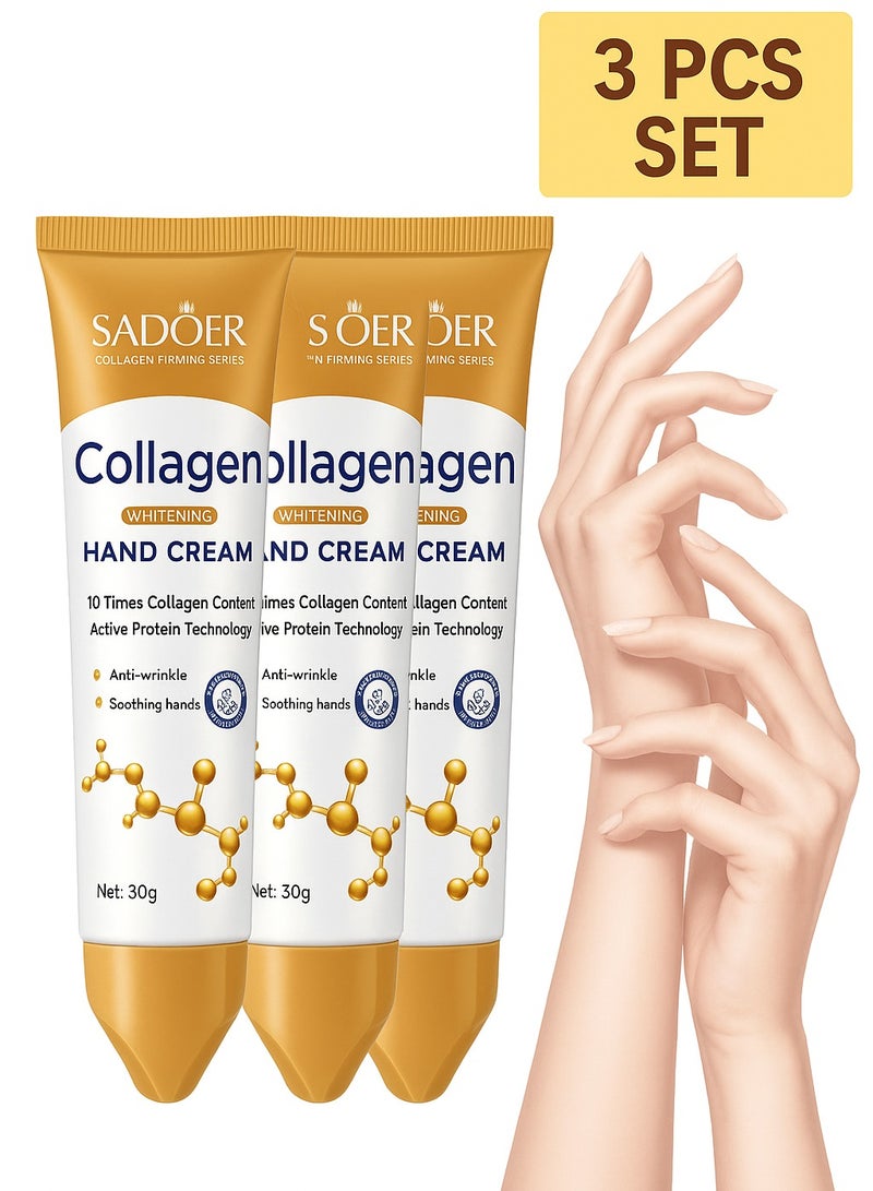 SADOER Collagen Hand Cream Set of 3 – Anti-Aging, Whitening & Moisturizing Hand Lotion – 30g Each – Soothing Repair, Firming & Nourishing for Dry, Rough Skin – Collagen Skincare for Hands - Image 2