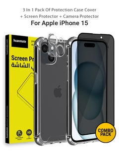 huanmate 3 in 1 Protection Pack of Back Cover Privacy Screen Protector And Camera Protector For Apple iPhone 15 Black/Clear  - Image 1