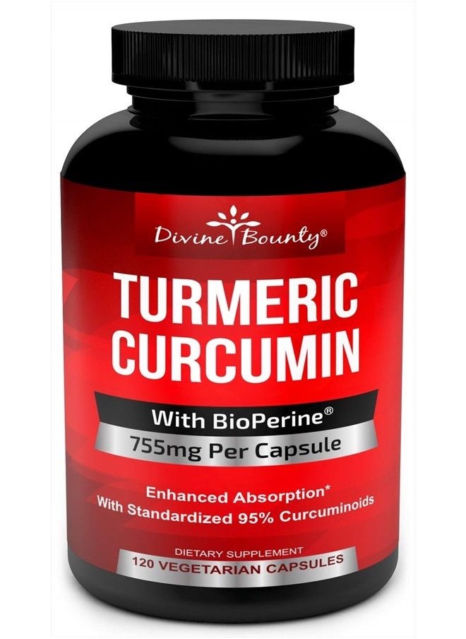Divine Bounty - Turmeric Curcumin with BioPerine Black Pepper Extract - 755mg per Capsule, 120 Veg. Capsules - GMO Free Tumeric, Standardized to 95% Curcuminoids for Maximum Potency - Image 1
