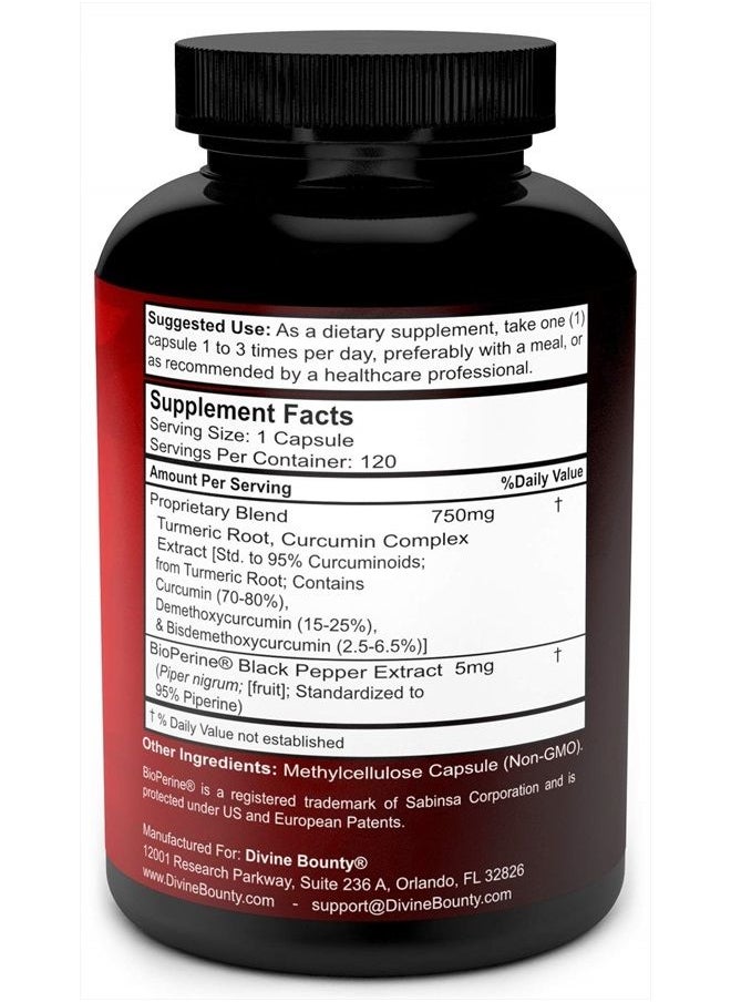 Divine Bounty - Turmeric Curcumin with BioPerine Black Pepper Extract - 755mg per Capsule, 120 Veg. Capsules - GMO Free Tumeric, Standardized to 95% Curcuminoids for Maximum Potency - Image 1