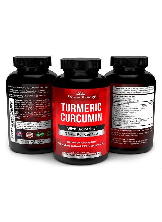 Divine Bounty - Turmeric Curcumin with BioPerine Black Pepper Extract - 755mg per Capsule, 120 Veg. Capsules - GMO Free Tumeric, Standardized to 95% Curcuminoids for Maximum Potency - Image 1