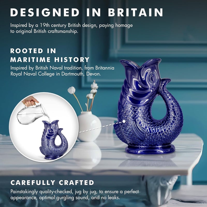 Bubble Jug Gurgle Glug Jug The ® Dark Cobalt Blue 50 fl oz 1.5L Litre Extra Large Pitcher - Fish Shaped Jug - Decorative Ceramic Glugging Cocktail, Water and Gin Vase and Gurgling Carafe Pot - Image 4