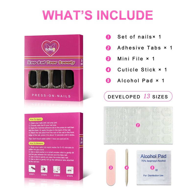 EchiQ Matte Square Fake Nails Medium Long Size French Moo Nail Silver Metallic ABS Fingernails 24 count - Image 2