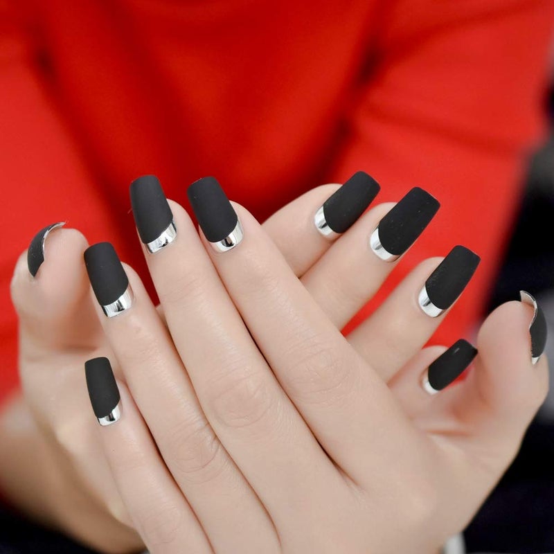 EchiQ Matte Square Fake Nails Medium Long Size French Moo Nail Silver Metallic ABS Fingernails 24 count - Image 1