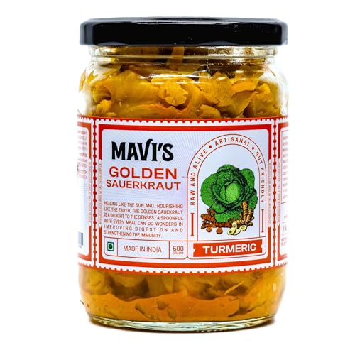 MAVI's Golden Sauerkraut| Spicy, Organic & Natural Cabbage & Fresh Turmeric | Gut friendly | 100% Natural & Vegan | No Preservatives | No Artificial Flavour or Colour | 500g (Pack of 1) - Image 1