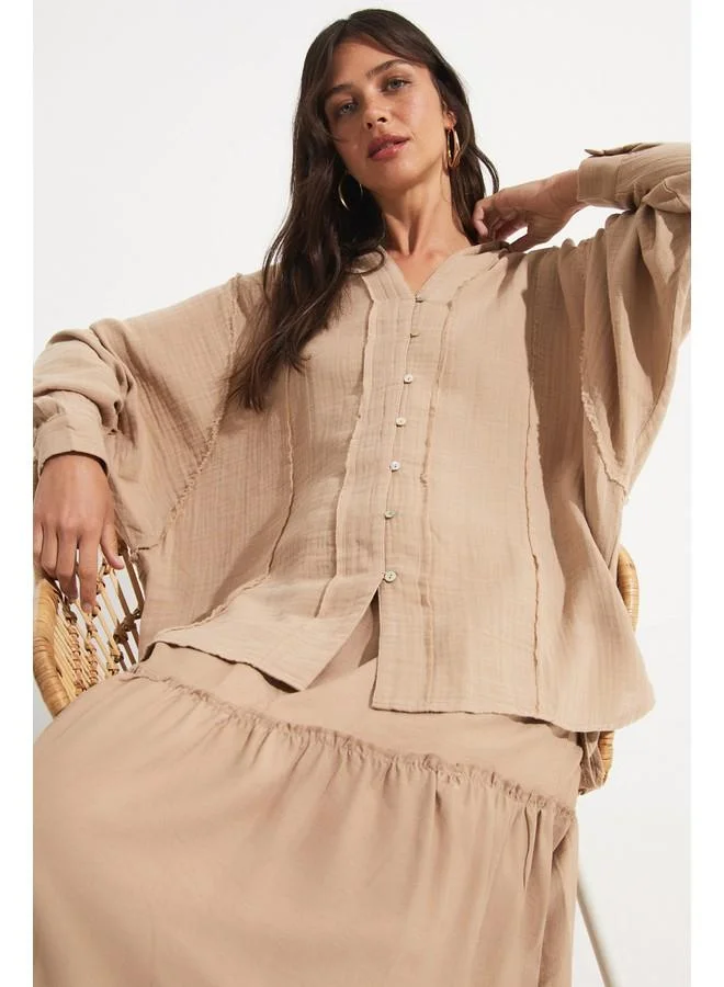 JUNE June Exclusive Oversize Cotton Shirt Beige