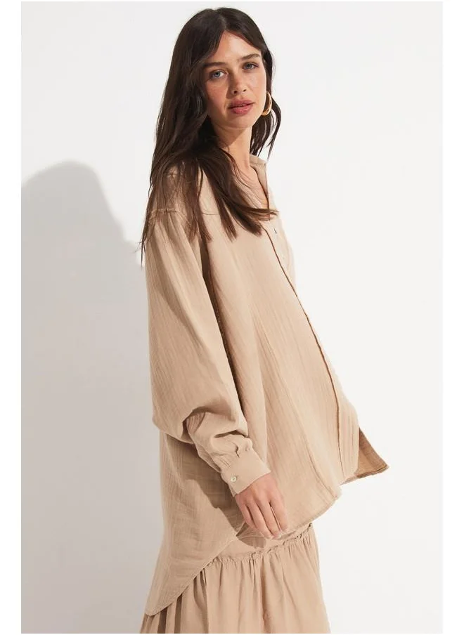 جون June Exclusive Oversize Cotton Shirt Beige