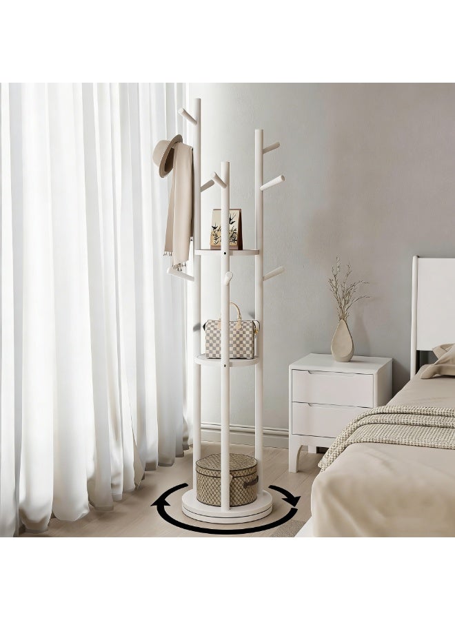 CityRiya-Long Coat Rack, Freestanding Coat Rack with Storage Shelves and Hooks , Rotating Coat Tree, Garment Hanger Stand for Bedroom, Entryway,  Clothes Organizer Racks for Robe, Scarves, Hats, Handbags, White - Image 1