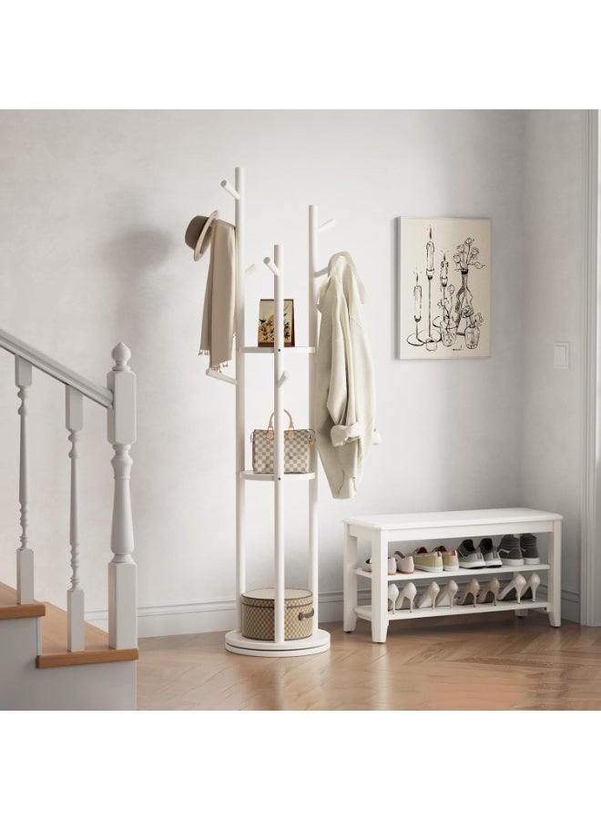 CityRiya-Long Coat Rack, Freestanding Coat Rack with Storage Shelves and Hooks , Rotating Coat Tree, Garment Hanger Stand for Bedroom, Entryway,  Clothes Organizer Racks for Robe, Scarves, Hats, Handbags, White - Image 2