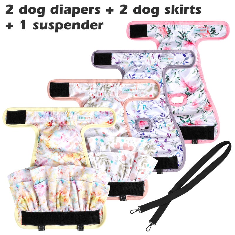 Langsprit Washable Female Dog Diapers (4 Pack+1 Suspenders), Reusable Female Girl Doggy Doggie Puppy Wraps Panties Belly Band for Pet Heat Period Pooping Peeing Potty Training Incontinence Marking Heart XLarge - Image 2
