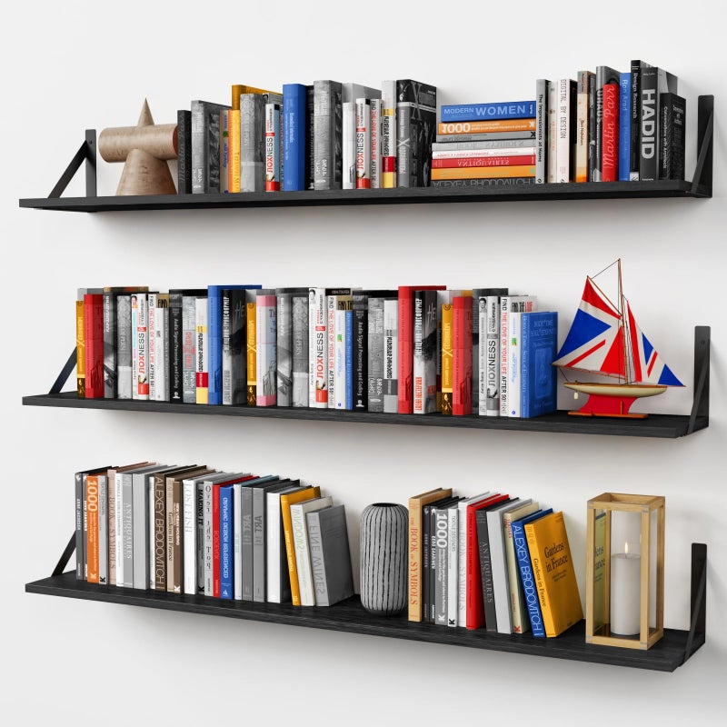 Forbena 48 Inches Long Floating Book Shelves for Wall Set of 3, Black Wall Bookshelves for Living Room, Large Heavy Duty Wood Wall Mounted Hanging Bookshelf for Bedroom Office Library Classroom - Image 1