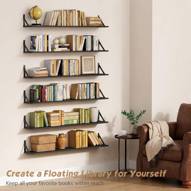 Forbena 48 Inches Long Floating Book Shelves for Wall Set of 3, Black Wall Bookshelves for Living Room, Large Heavy Duty Wood Wall Mounted Hanging Bookshelf for Bedroom Office Library Classroom - Image 4