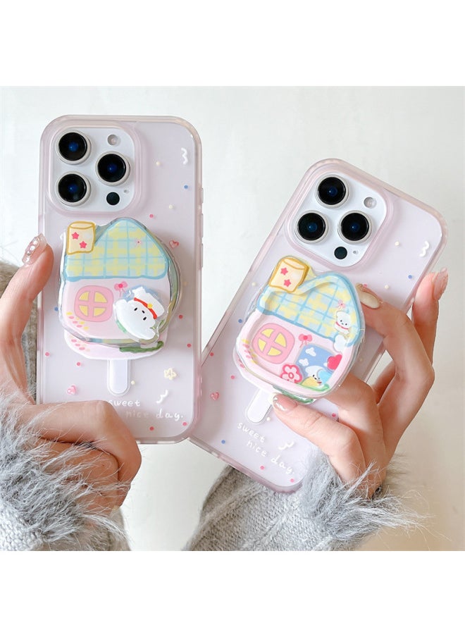Generic - Girl's Heart Ins Pink House Puppy Bracket For Iphone15 For Iphone 16ProMax Phone Case 13/14-Color:Magnetic Single Shell-pink House Puppy-skin Feel Sm-Applicable Models:For Iphone 15promax - Image 1