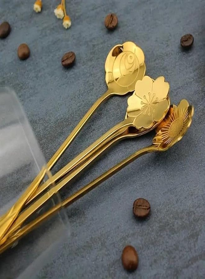 SHOPROAR "مجموعة ملاعق قهوة وشاي من 4 قطع، ملاعق حلوى وسكر من الفولاذ المقاوم للصدأ مزينة بالزهور والذهب، أدوات مائدة صغيرة، أدوات مطبخ لطيفة، مناسبة للمقهى والبار، 24 سم، 4 أشكال فريدة" - Image 4