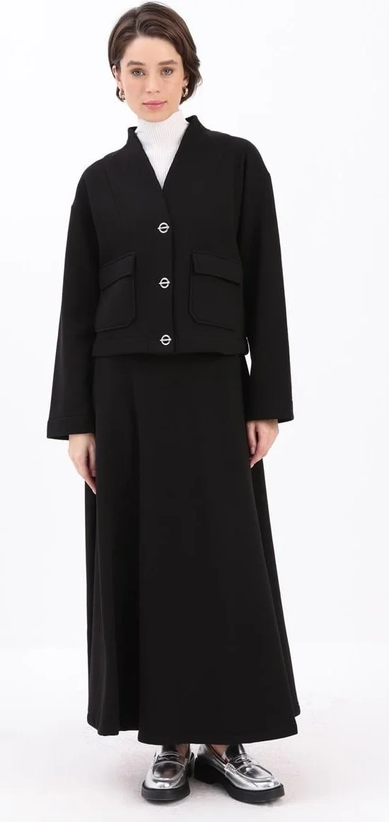Allday Black-Metal Buttoned Raised Skirt Suit
