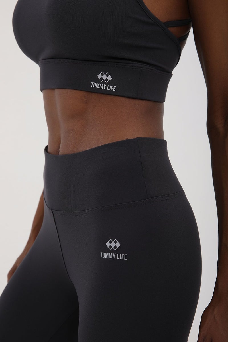 Tommy Life Anthracite Women's High Waist Slimmer Cross Back Detailed Sports Bustier-Capri Leggings Set - 95283  - Image 2
