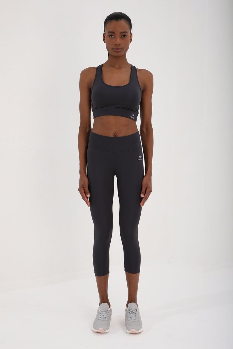 Tommy Life Anthracite Women's High Waist Slimmer Cross Back Detailed Sports Bustier-Capri Leggings Set - 95283  - Image 1