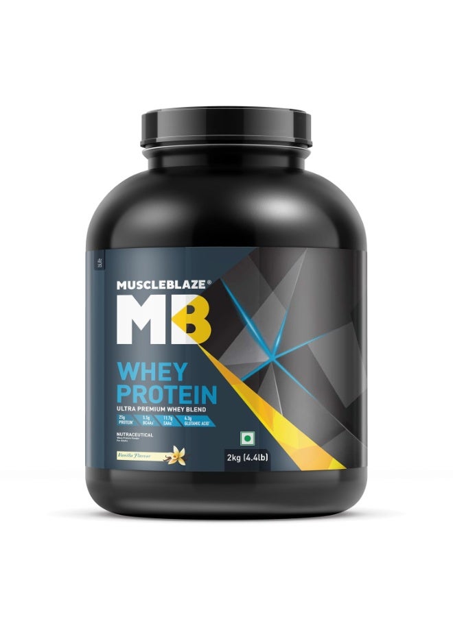 مسل بلايز MuscleBlaze بروتين مصل اللبن (Whey Protein) بنسبة 100%، مزيج فائق الجودة يجمع بين بروتين مصل اللبن المركز (Concentrate) والمعزول (Isolate)، 25 جم بروتين لكل مكيال (نكهة الفانيليا، 2 كجم / 4.4 رطل) - Image 1