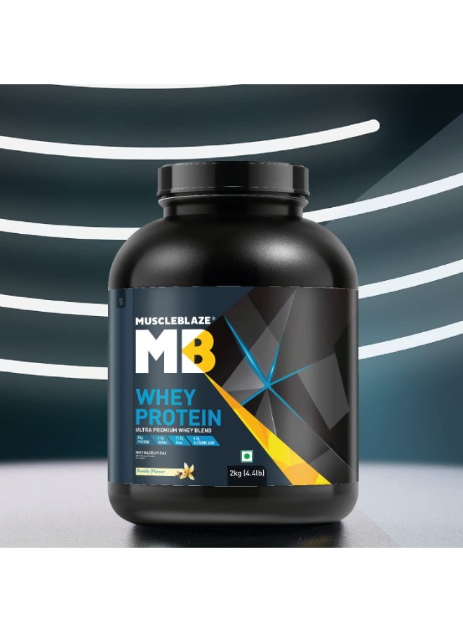 مسل بلايز MuscleBlaze بروتين مصل اللبن (Whey Protein) بنسبة 100%، مزيج فائق الجودة يجمع بين بروتين مصل اللبن المركز (Concentrate) والمعزول (Isolate)، 25 جم بروتين لكل مكيال (نكهة الفانيليا، 2 كجم / 4.4 رطل) - Image 2