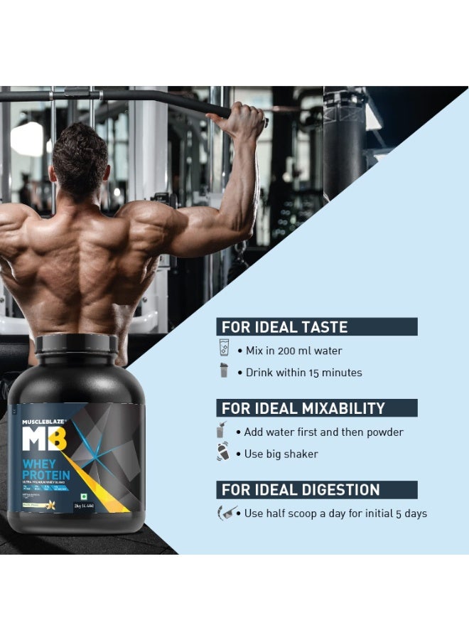 مسل بلايز MuscleBlaze بروتين مصل اللبن (Whey Protein) بنسبة 100%، مزيج فائق الجودة يجمع بين بروتين مصل اللبن المركز (Concentrate) والمعزول (Isolate)، 25 جم بروتين لكل مكيال (نكهة الفانيليا، 2 كجم / 4.4 رطل) - Image 3