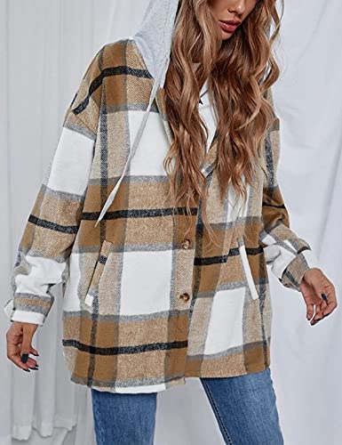 HangNiFang Womens Fashion Khaki Plaid Hooded Flannel Shirts Jacket Hoodie Coat(0490-Khaki-S) - Image 3