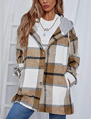 HangNiFang Womens Fashion Khaki Plaid Hooded Flannel Shirts Jacket Hoodie Coat(0490-Khaki-S) - Image 4