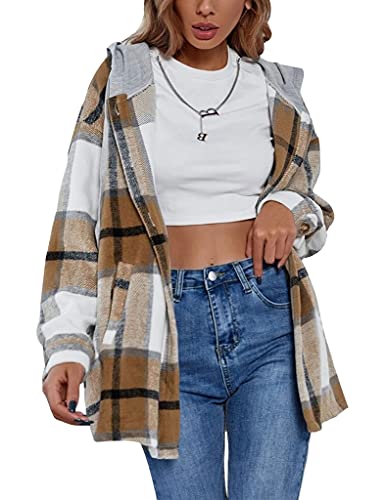 HangNiFang Womens Fashion Khaki Plaid Hooded Flannel Shirts Jacket Hoodie Coat(0490-Khaki-S) - Image 1