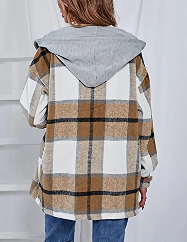 HangNiFang Womens Fashion Khaki Plaid Hooded Flannel Shirts Jacket Hoodie Coat(0490-Khaki-S) - Image 5