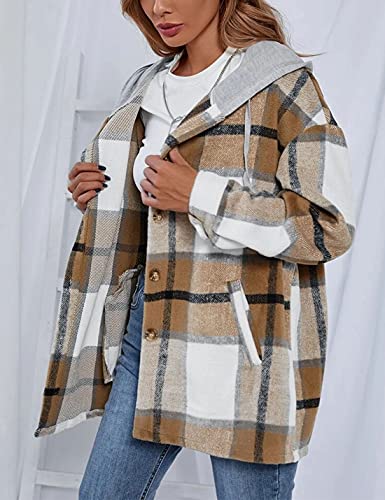 HangNiFang Womens Fashion Khaki Plaid Hooded Flannel Shirts Jacket Hoodie Coat(0490-Khaki-S) - Image 2