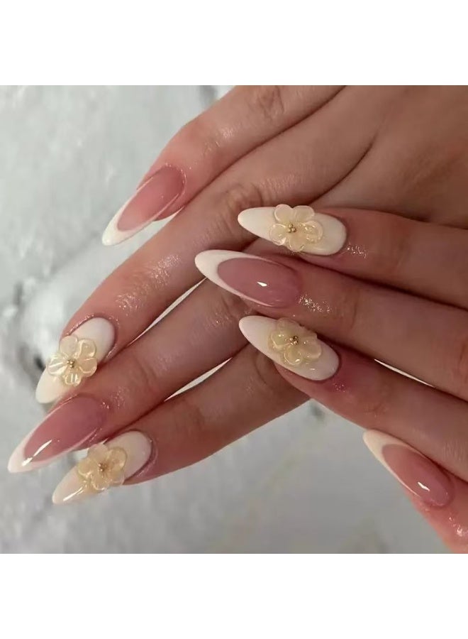 جوسكوين 30 قطعة من الأظافر الصناعية، أظافر بيضاء بسيطة على الطراز الفرنسي، مانيكير فرنسي بأطراف بيضاء وزخارف زهرية ثلاثية الأبعاد، أظافر أكريليك مع مجموعة لاصقة. - Image 1