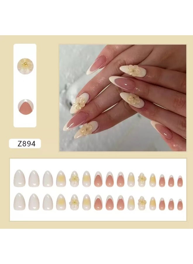 جوسكوين 30 قطعة من الأظافر الصناعية، أظافر بيضاء بسيطة على الطراز الفرنسي، مانيكير فرنسي بأطراف بيضاء وزخارف زهرية ثلاثية الأبعاد، أظافر أكريليك مع مجموعة لاصقة. - Image 2