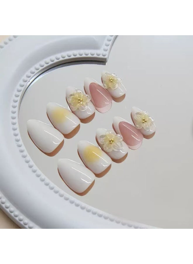 جوسكوين 30 قطعة من الأظافر الصناعية، أظافر بيضاء بسيطة على الطراز الفرنسي، مانيكير فرنسي بأطراف بيضاء وزخارف زهرية ثلاثية الأبعاد، أظافر أكريليك مع مجموعة لاصقة. - Image 3