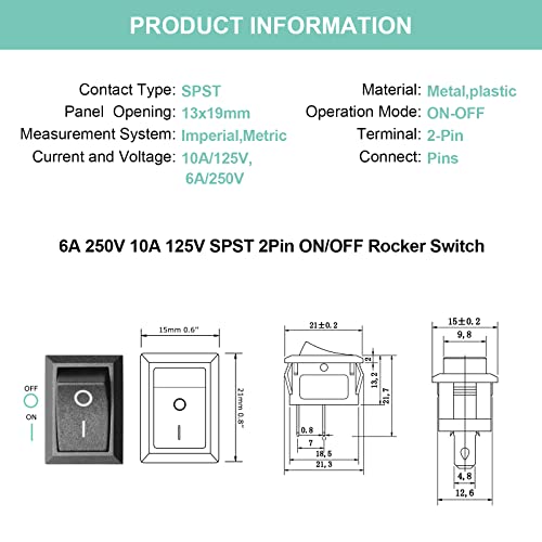 QTEATAK 5Pcs On/Off Boat Rocker Switch 5Pcs 2 Pin 2 Position Snap 12V 110V 250V - Image 2