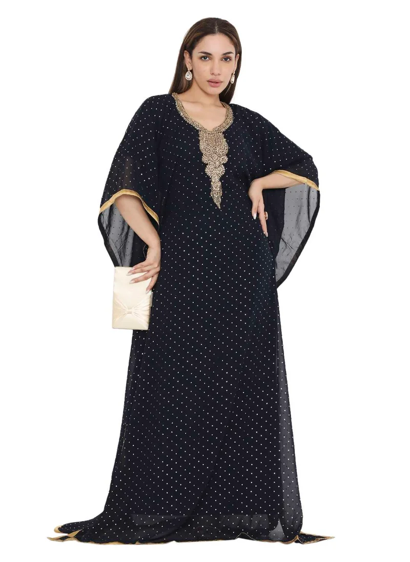 HANA & SARA ELEGANT GOLD STONE HAND BEADING STYLISH SHINY CHIFFON ARABIC KAFTAN JALABIYA DRESS