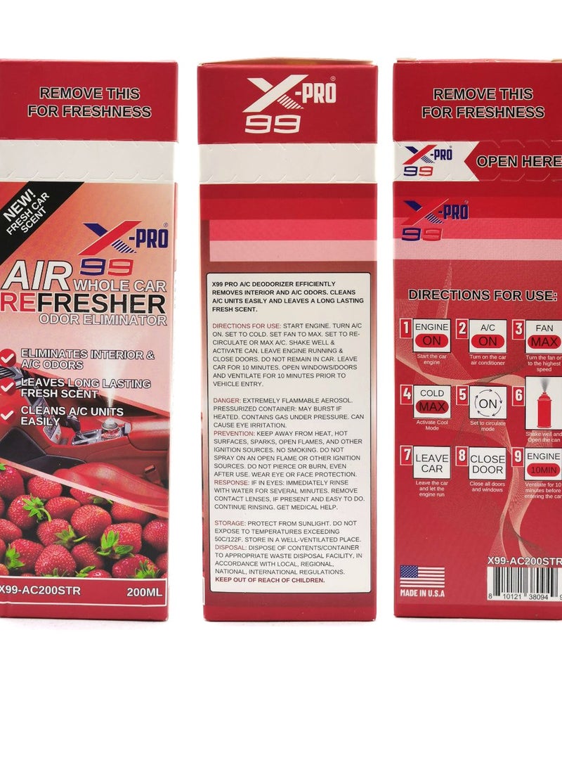 X Pro 99 4PCS  X-PRO 99 Air Refresher Whole Car Odor Eliminator Spray 200ml Strawberry Fresh Scent A/C Vent Cleaner Interior Cabin Freshener Long Lasting Car Fragrance Spray for Cars SUVs Vans Trucks - Model X99-AC200STR - Image 4