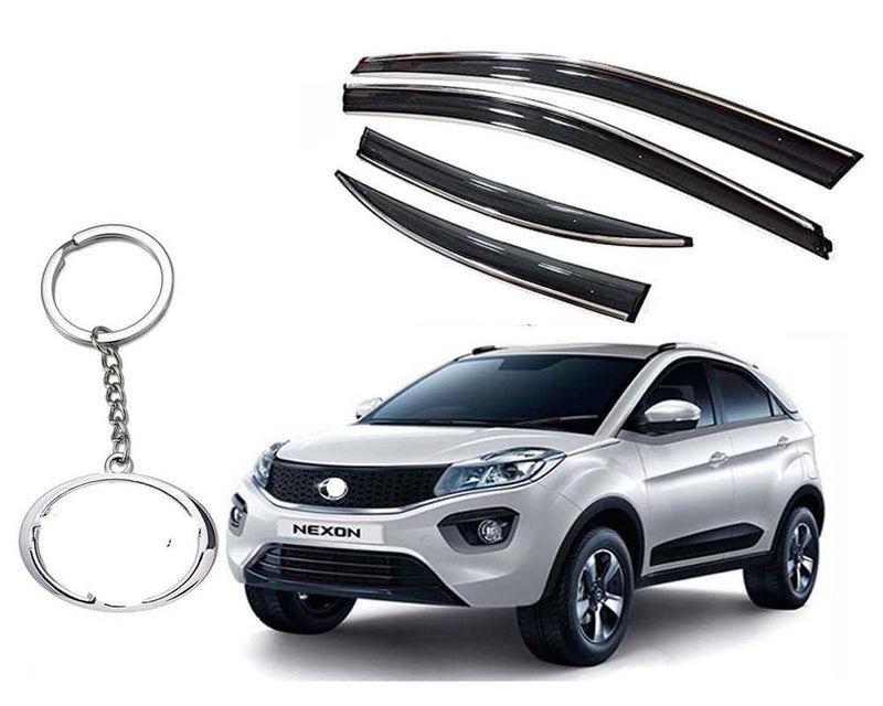Auto E-Shopping Chromeline Silverline Door Rain Visor Wind Deflector Compatible for Tata Nexon Set of 4 Pieces with Logo Key Chain Ring - Image 1