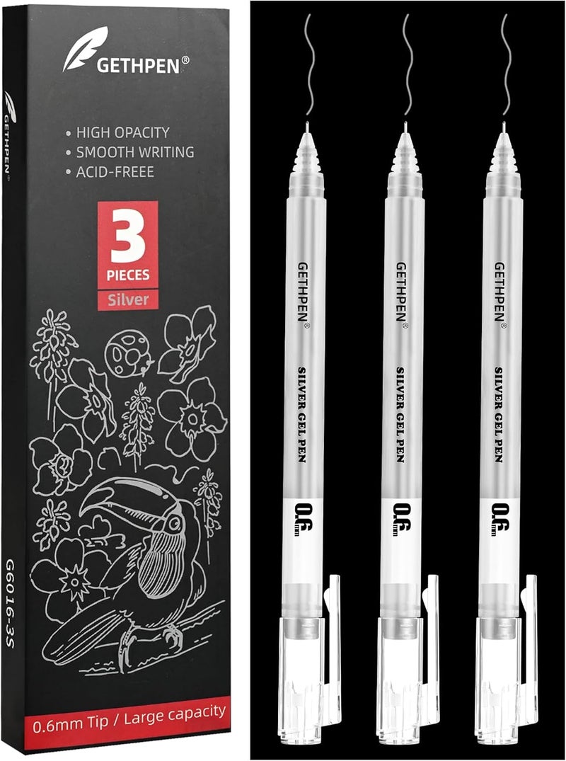 GETHPEN 3Pack,0.6mm Extra Fine Point, Silver Gel Pens for Artists, Silver Gel Pen, Silver Ink Pen, Silver Pens for Black Paper, Silver Drawing Pens,Silver Pen for Artists Drawing - Image 1
