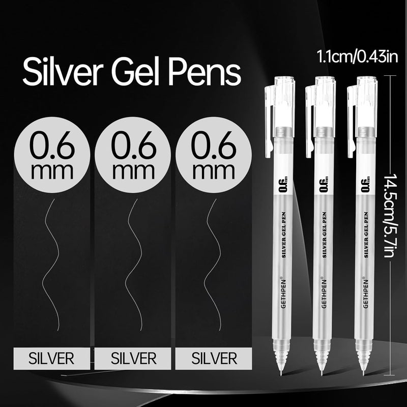 GETHPEN 3Pack,0.6mm Extra Fine Point, Silver Gel Pens for Artists, Silver Gel Pen, Silver Ink Pen, Silver Pens for Black Paper, Silver Drawing Pens,Silver Pen for Artists Drawing - Image 2