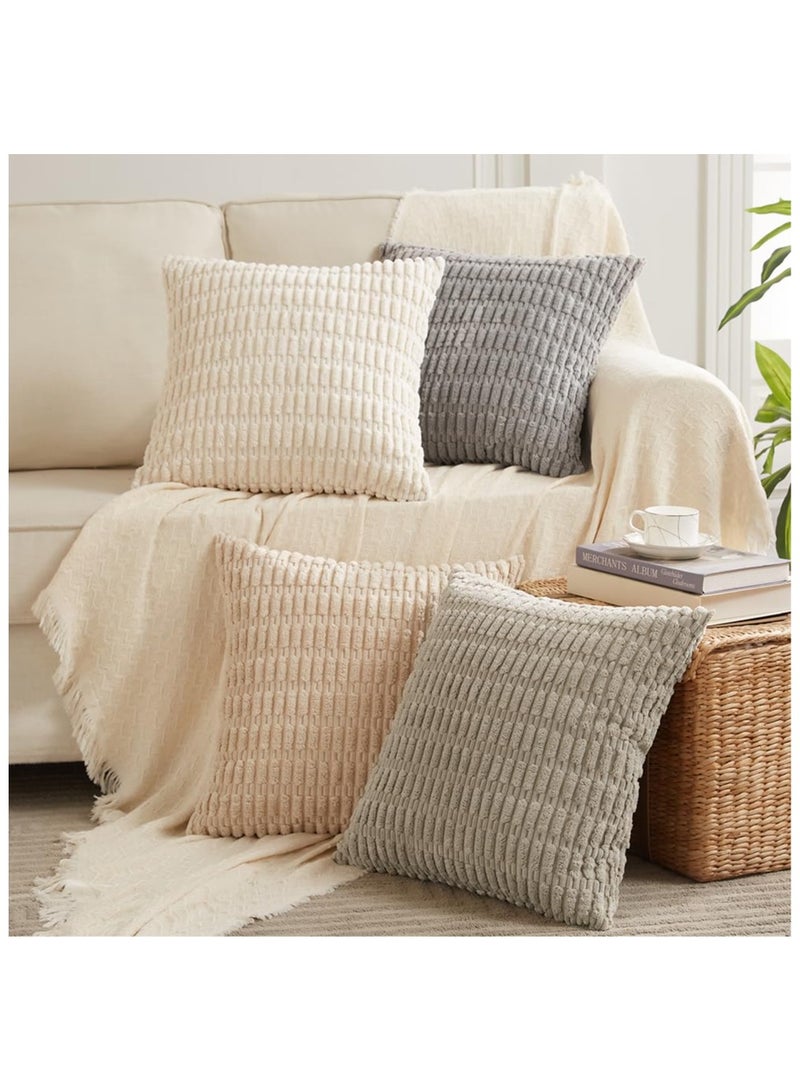 XiuWoo 4 Packs  45x45 cm Neutral Decorative Throw Pillow Covers for Living Room Couch Bed Sofa, Rustic Farmhouse Boho Home Decor, Soft Plush Striped Corduroy Square Cushion Case  - Image 1