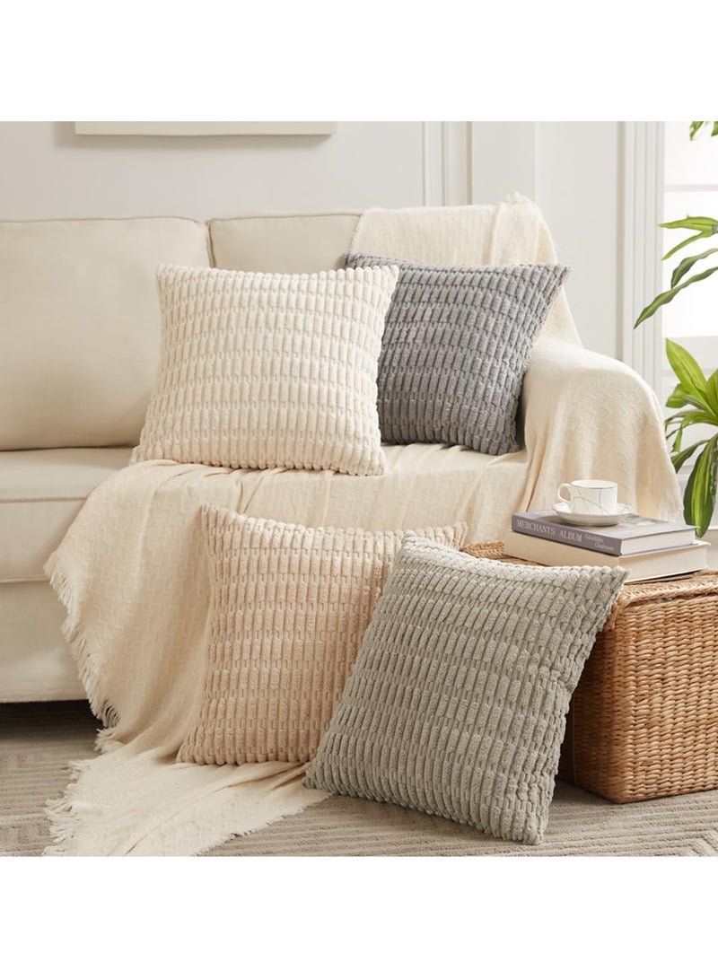 XiuWoo 4 Packs  45x45 cm Neutral Decorative Throw Pillow Covers for Living Room Couch Bed Sofa, Rustic Farmhouse Boho Home Decor, Soft Plush Striped Corduroy Square Cushion Case  - Image 2