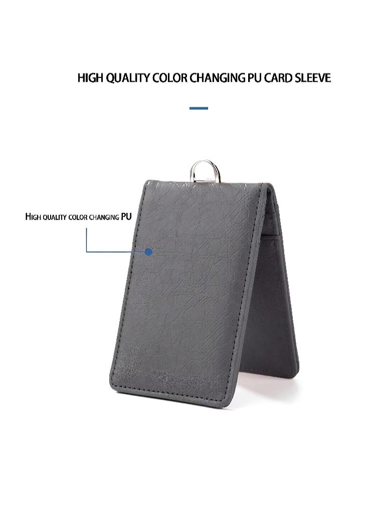 Generic ID card bag leather, folding PU card bag telescopic rope, high-quality color-changing PU, multi-socket ID card holder leather large capacity, work card employee badge cover, light luxury high-end feeling, can accommodate multiple bank cards, ID cards, business cards, subway cards, etc.  - Image 2