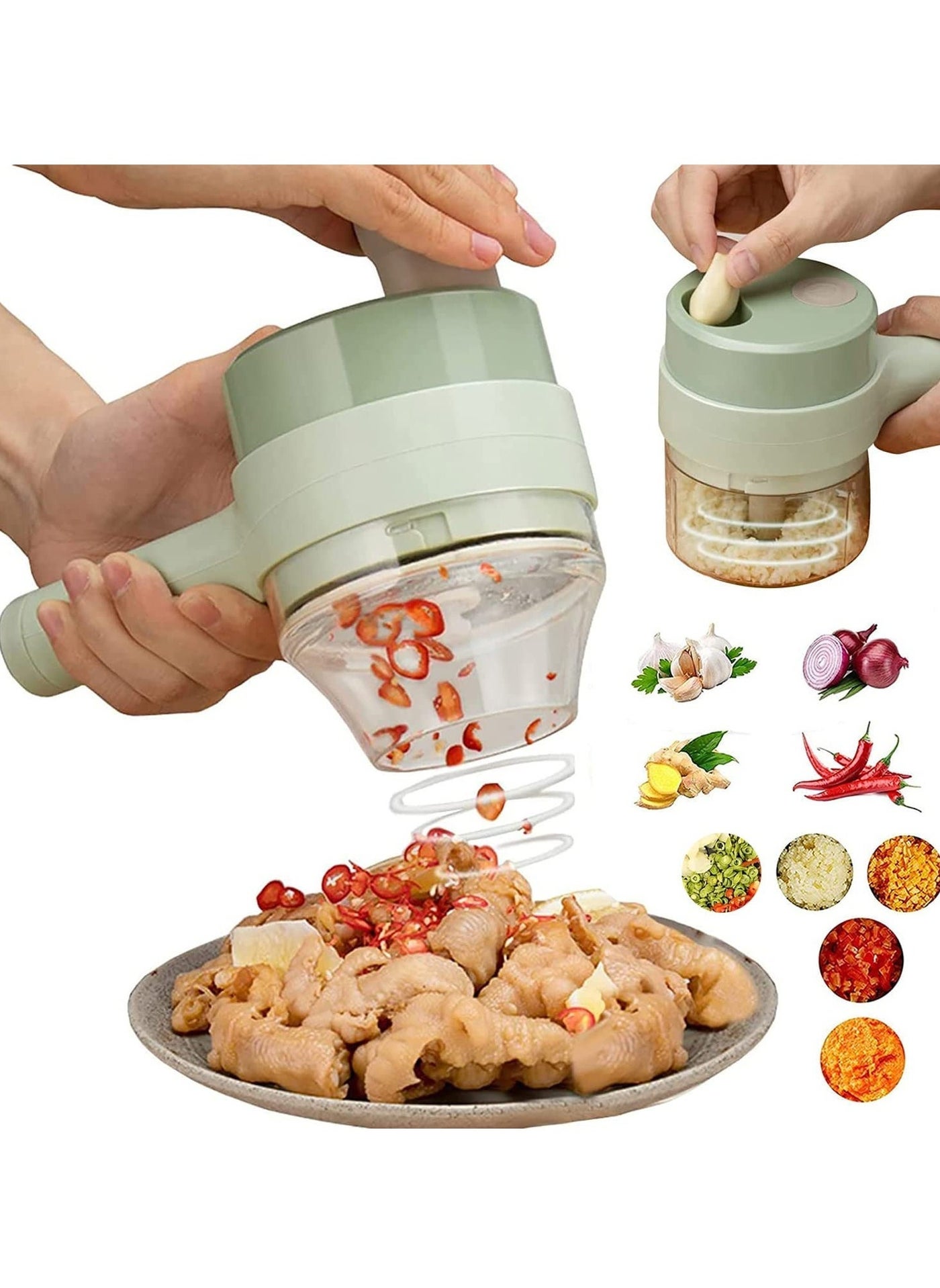 4 in 1 multifunctional usb rechargeable Handheld Electric Vegetable Cutter Set, Garlic Mud Masher Food Chopper, Portable Mini Wireless Food Processor,vegetable cutter slicer for Garlic Pepper Chili On