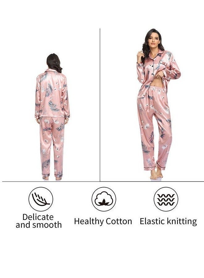 NIBEMINENT 2-Piece Women'S Printed Satin Pajamas Classic Polo Collar Long Sleeve Button Open Close Top Casual Loose Waistband Elastic Pajama Pants - Image 2