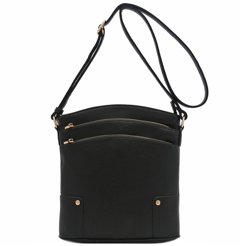 ALYSSA Triple Zip Pocket Large Crossbody Bag (Black) - Image 2