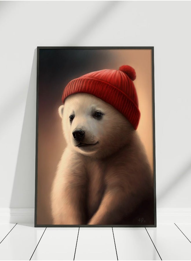 Generic - Polar Bear Nursery Wall Art, Little Bear Nursery Decor, Baby Animal Nursery Decor, Red Polar Bear Hat Canvas Print - Image 1